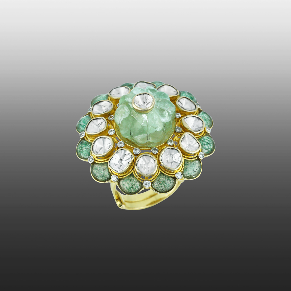 Floral Open Polki Ring with Center Melon Stone